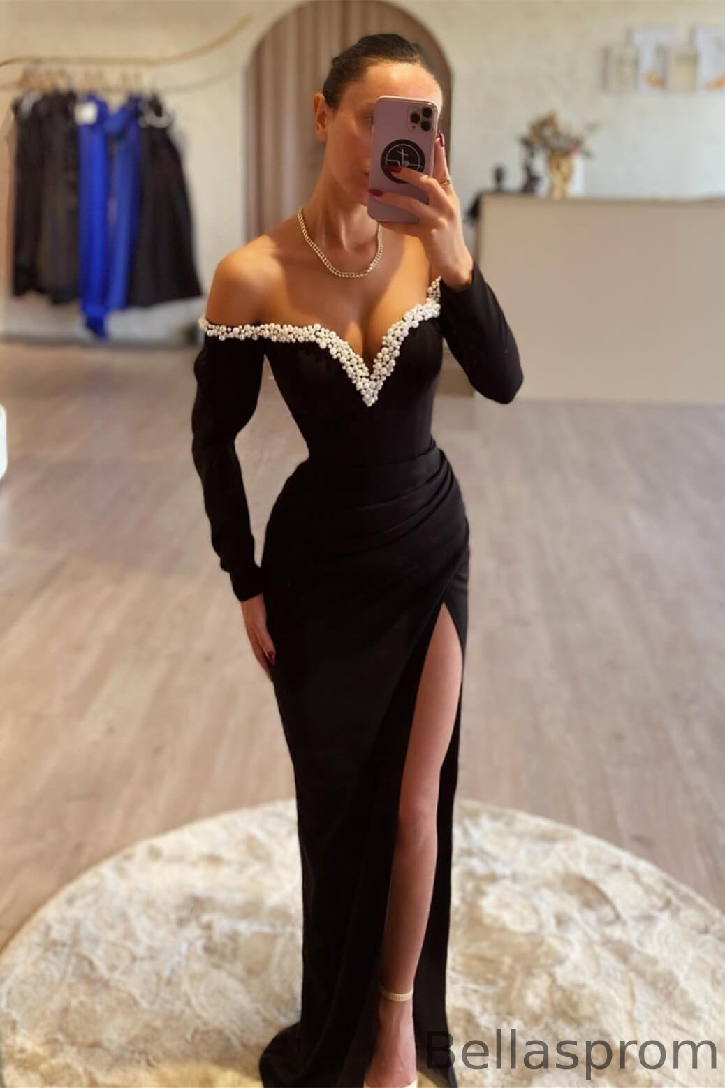 black pearl formal dress Miss Circle Women Rachael Black Velvet Pearl Embellished Gown main image 0