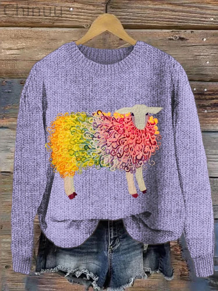 Colorful Curly Sheep Knit Pattern Cozy Sweater