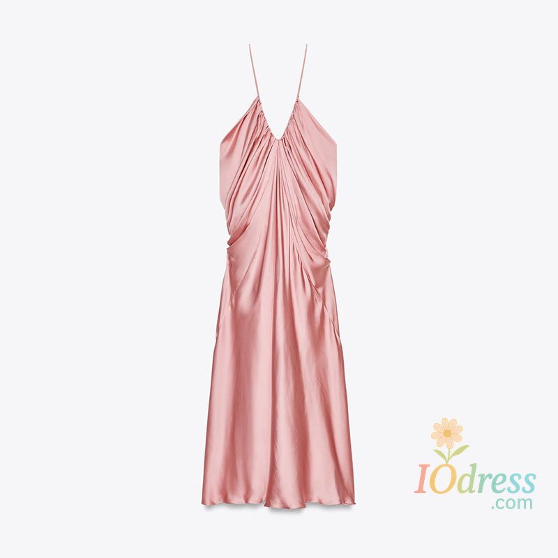 IO Dress Elegant Pink Open Back Satin Maxi Dress Women's Draped Deep V Spaghetti Strap Summer New Evening Party Gown Chic Long Dresses