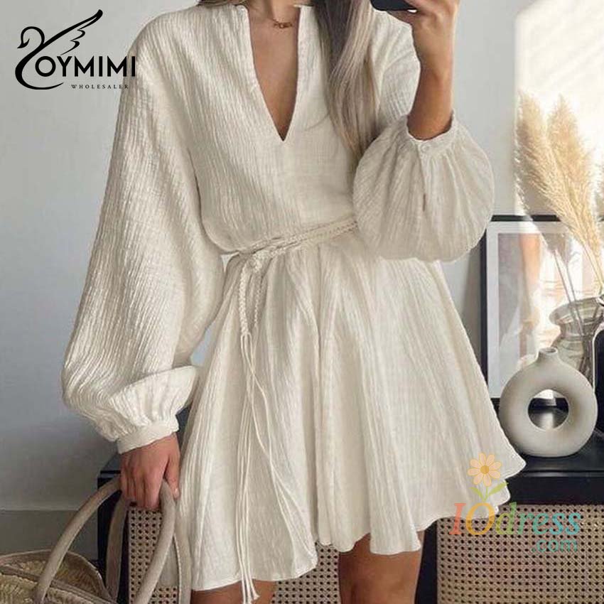 IO Dress Oymimi Elegant Beige Cotton Womens Dresses Fashion V-Neck Long Sleeve Lace-Up Dresses Casual Loose Pleated Mini Dress Streetwear