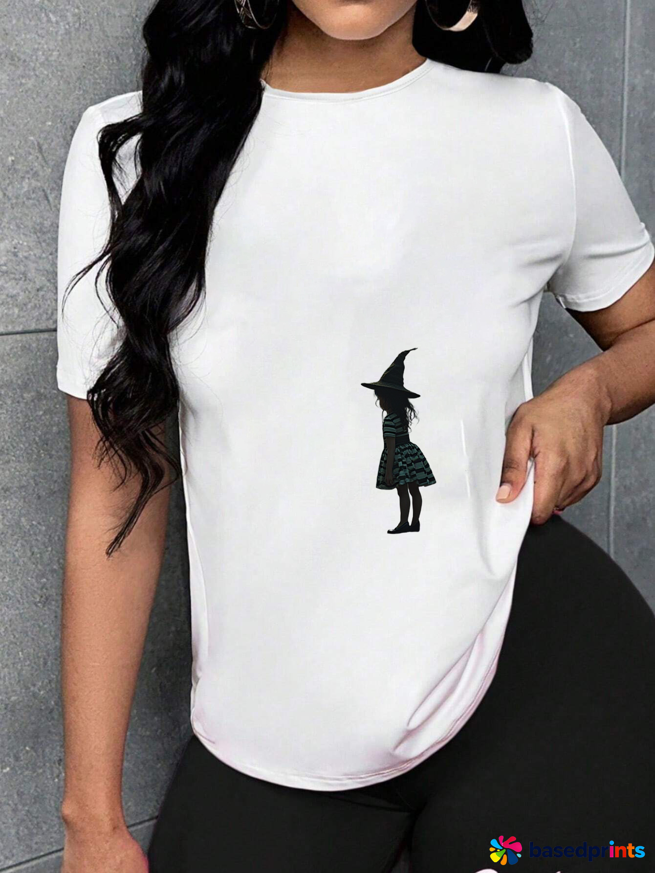 White Short Sleeve T-Shirt with Witch Graphic