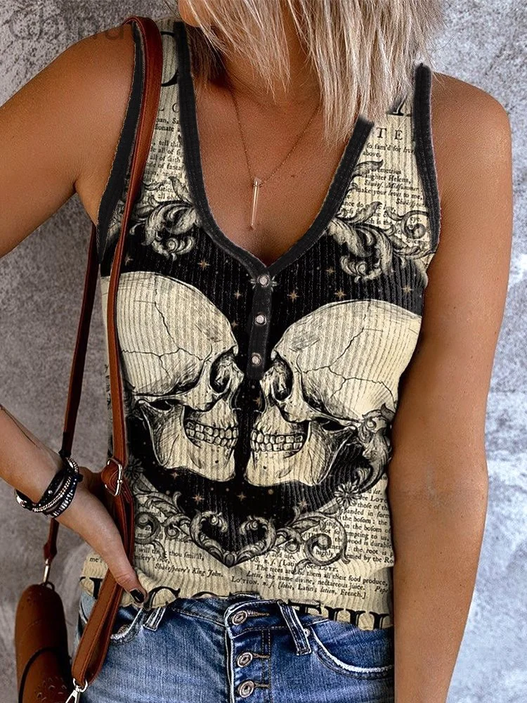 Halloween Skull Print Vintage Button Vest