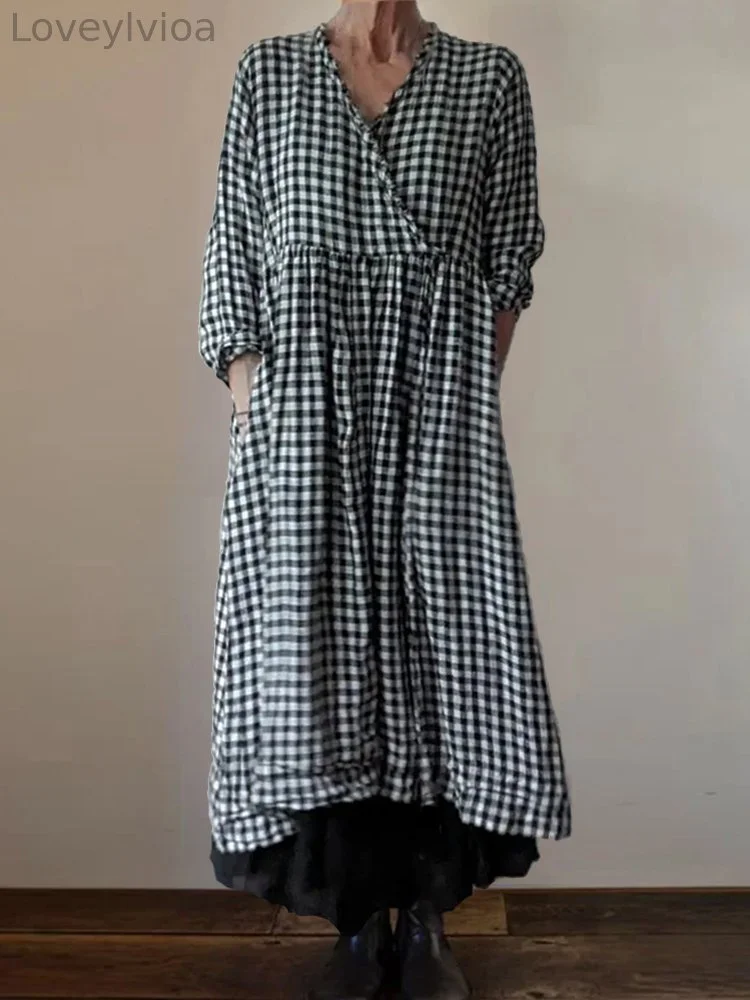 Check Pleated Frayed Hem Wrap Maxi Dress
