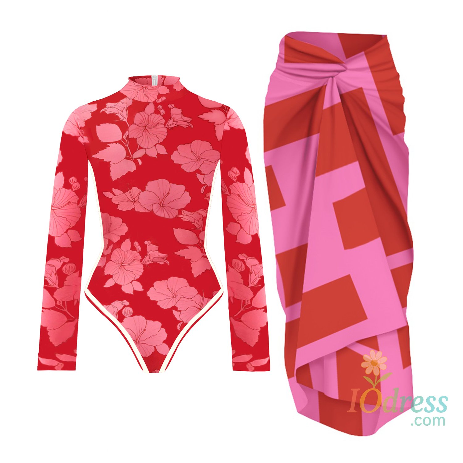 IO Dress Red Pink Long Sleeve Swimsuit With Cover Up Sexy Swimwear Women Patchwork Swim Suit Surf Bathingsuit Sliming Bodysuit Beachwear