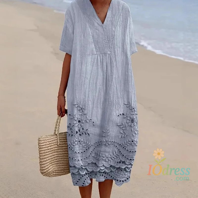 IO Dress Vestidos Retro Solid V Neck A-Line Midi Dress Women Spring Casual Loose Pullover Dress Sexy Short Sleeve Summer Vacation Dresses