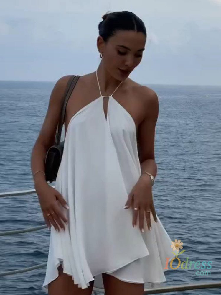 IO Dress Sexy Beach Solid Halter Vestido Women Elegant Sleeveless Backless Hollow Out Off Shoulder Dress 2025 Lady High Street Party Wear