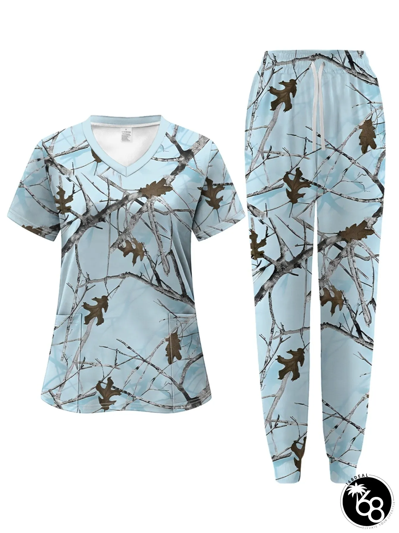 Womens Elegant All-Over Print-Inspired Two-Piece Work Set V-Neck Short-Sleeve Top Pants | 168DEAL