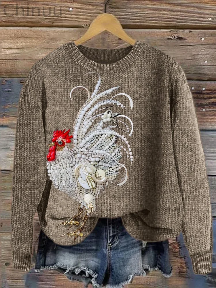 Elegant Rooster Jewelry Art Cozy Knit Sweater