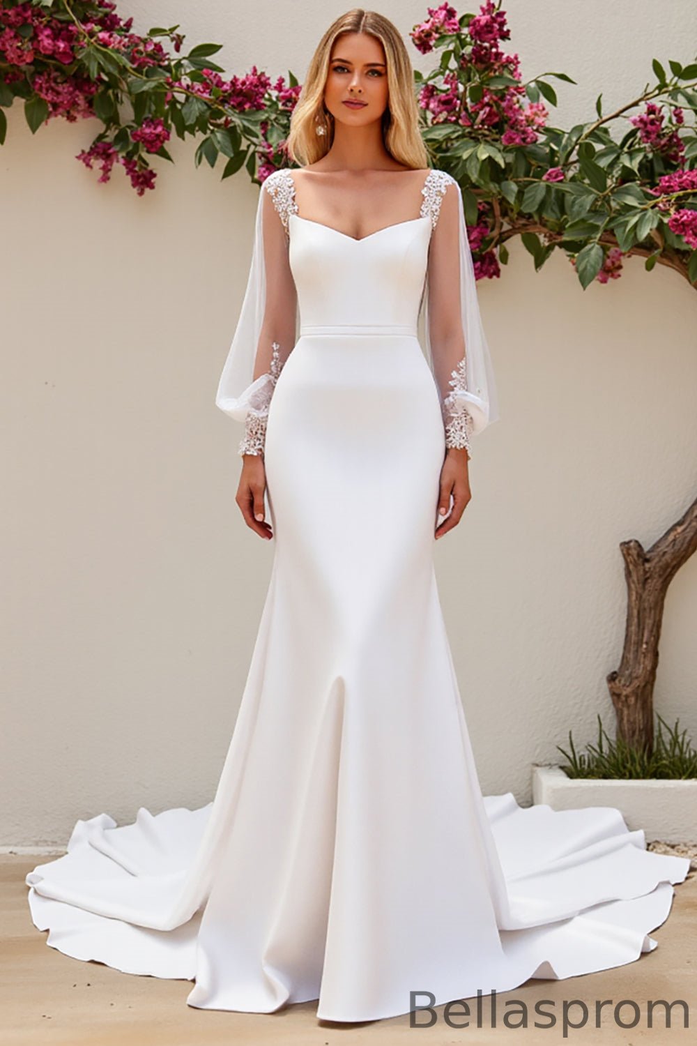 Bellasprom Sheer Long Sleeves Mermaid Satin Wedding Gowns Lace Appliques  With Buttons Back