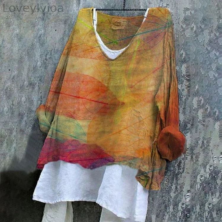 Casual Cotton Linen Leaves Printed V Neck T-Shirt