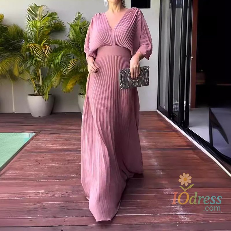 IO Dress Elegant V-neck Waist Evening Dress Women Casual 3/4 Sleeve Solid Pleated Maxi Dress Spring Autumn Fashion Pullover Party Dresses