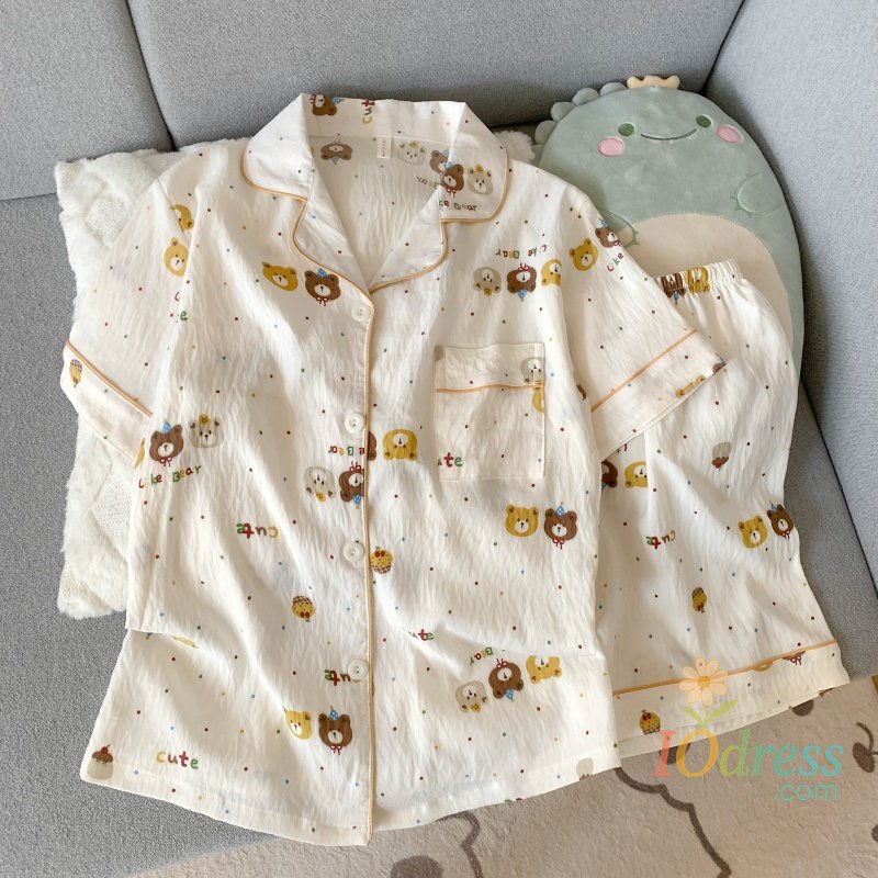 IO Dress Embroidery Dog Sweet Fashion Cute Pajamas Set for Women Plaid Lapel Neck Elastic Waist Design Pajamas Short New Casual Nightwear