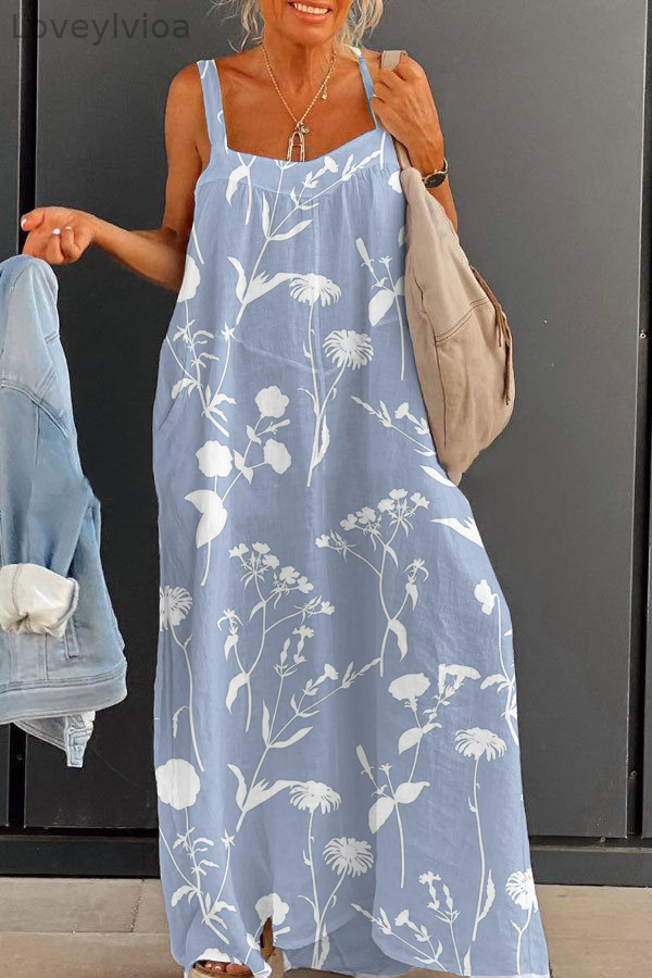 Women's Fashion Holiday Blue Floral Large Size Loose Strap Printed Dress Long Skirt