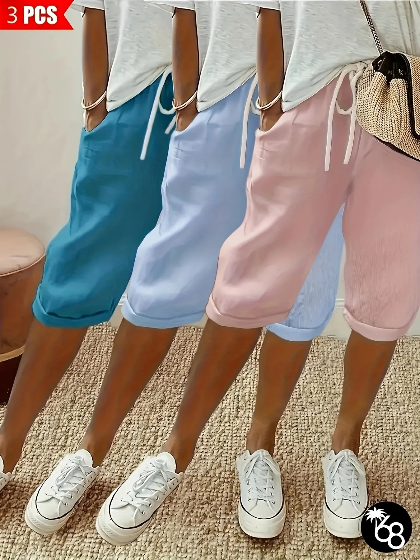 Womens Elegant 3-Color Elastic Waistband Straight-leg Capri Pants with Faux Drawstring | 168DEAL