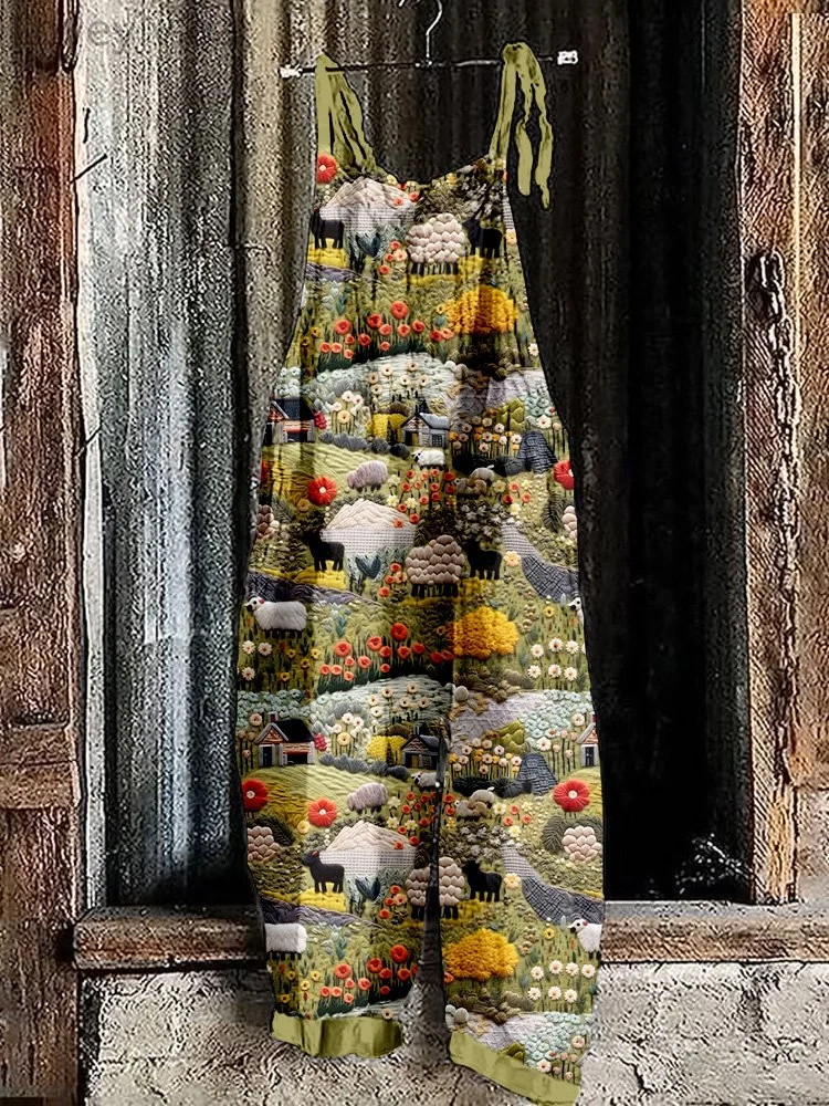 Vintage Farmyard Art Graphic Linen Blend Cozy Jumpsuit