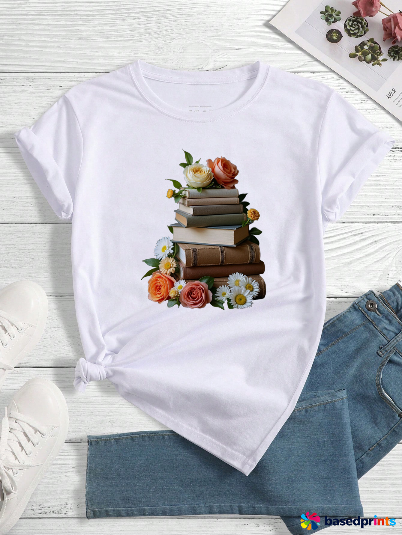 White Floral Book Stack T-Shirt Women Casual Short Sleeve Tee Tops