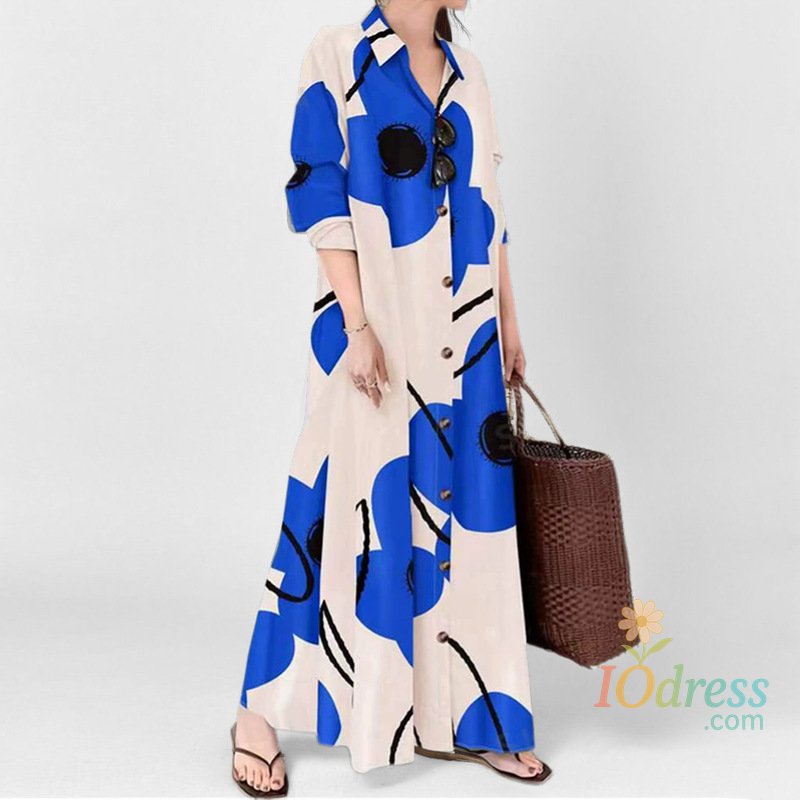 IO Dress Fashion Printed Long Dress New Women's Spring Summer Casual Loose Long Sleeved Single Breasted Shirt Big Swing A-line Dress
