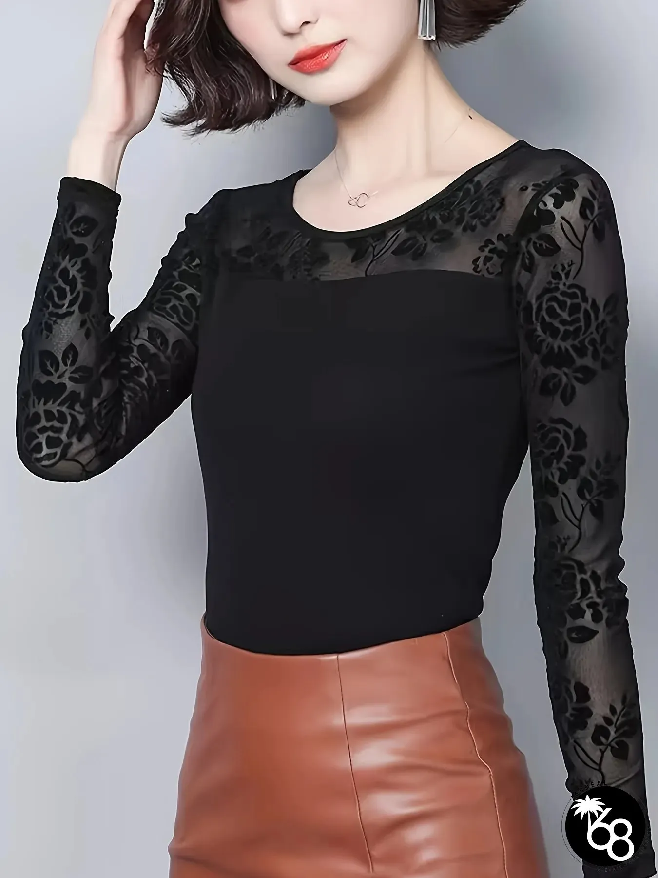 Womens Floral Print Sheer Mesh Long Sleeve T-Shirt Sexy Semi-Sheer Round-neck Blouse | 168DEAL