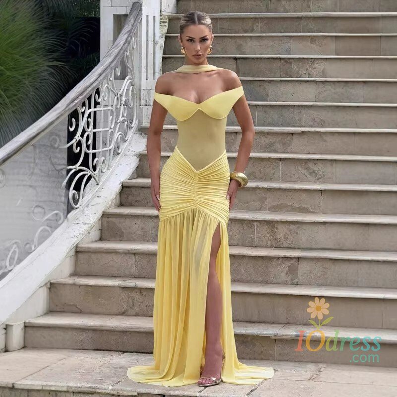 IO Dress Townlike Pleated Slim Bodycon Maxi Long Dress Women Off Shoulder 2025 Autumn Winter Dress Lace Patchwork Sexy Party Dresses