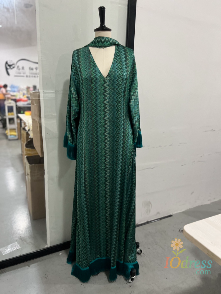 IO Dress Elegant Tassel Knitted Long Dress Women Loose V-neck Full Sleeve Scarf Dresses Female 2025 Summer Lady Beach Vacation Robes New