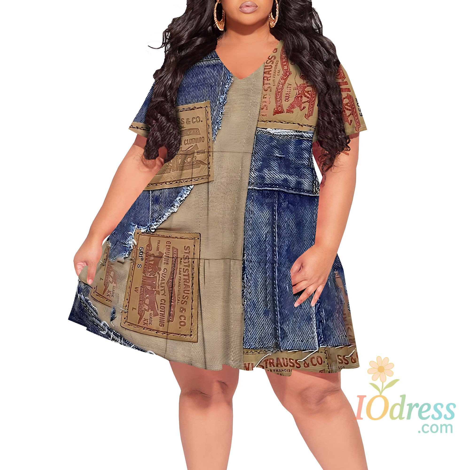 IO Dress Denim Patchwork Lace-up V-neck Short Sleeve Dress - Women's Vintage Rugged Casual Party Festival Summer