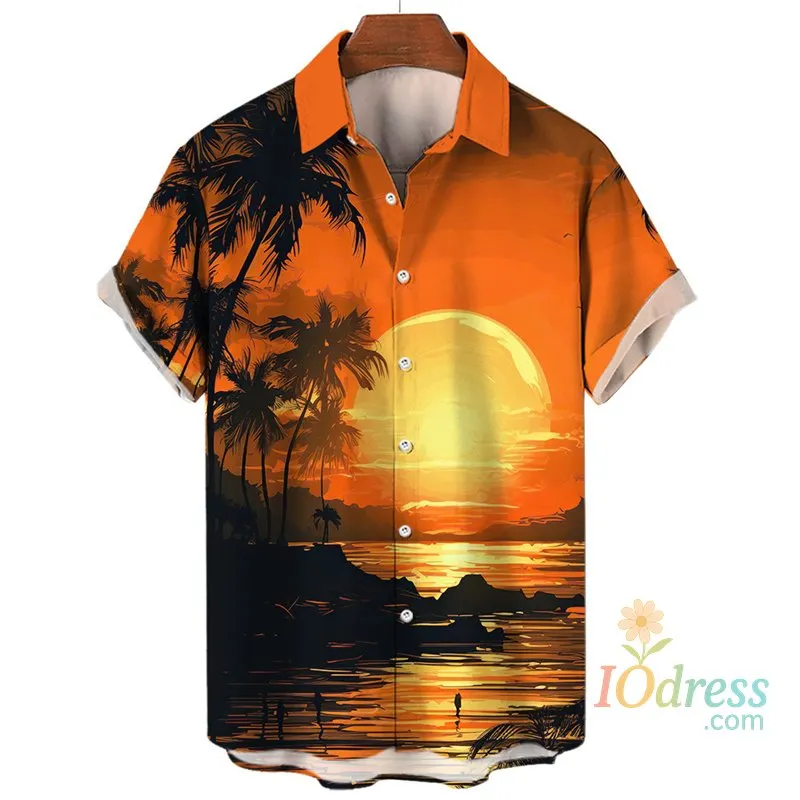 IO Menswear Tropical Palm 3d Print Hawaiian Shirt For Men Summer Beach Street Short Sleeves Tops Harajuku Holiday Lapel Button Loose Blouse