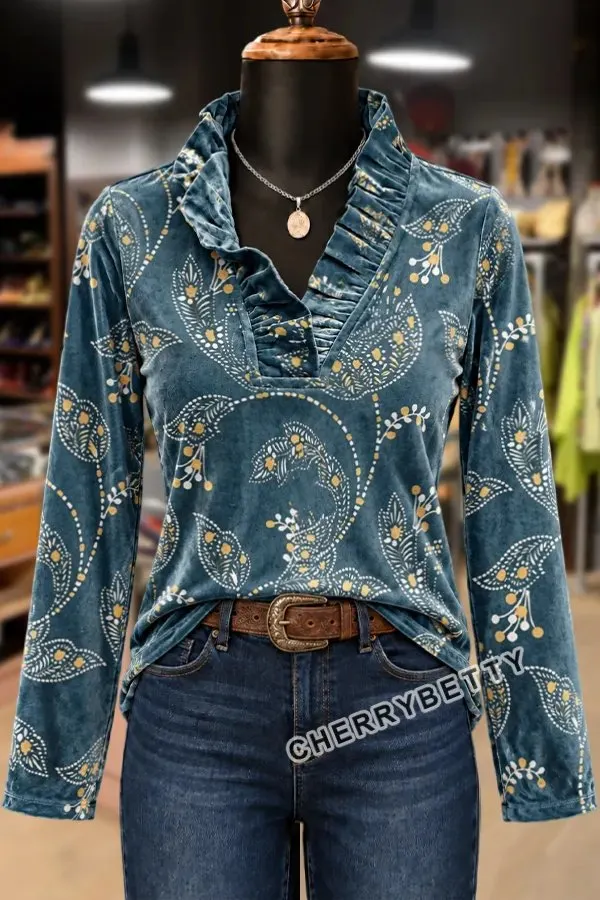 トップス DECO depuis 1985 Flower pt velvet tops Vintage Floral Print Ruffle Neck Velvet Top