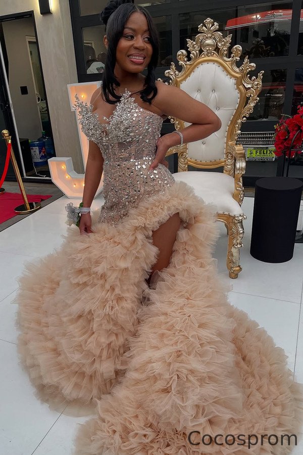 Cocosprom Nude Sweetheart Sleeveless Prom Dress High Split Long With Tulle Ruffles