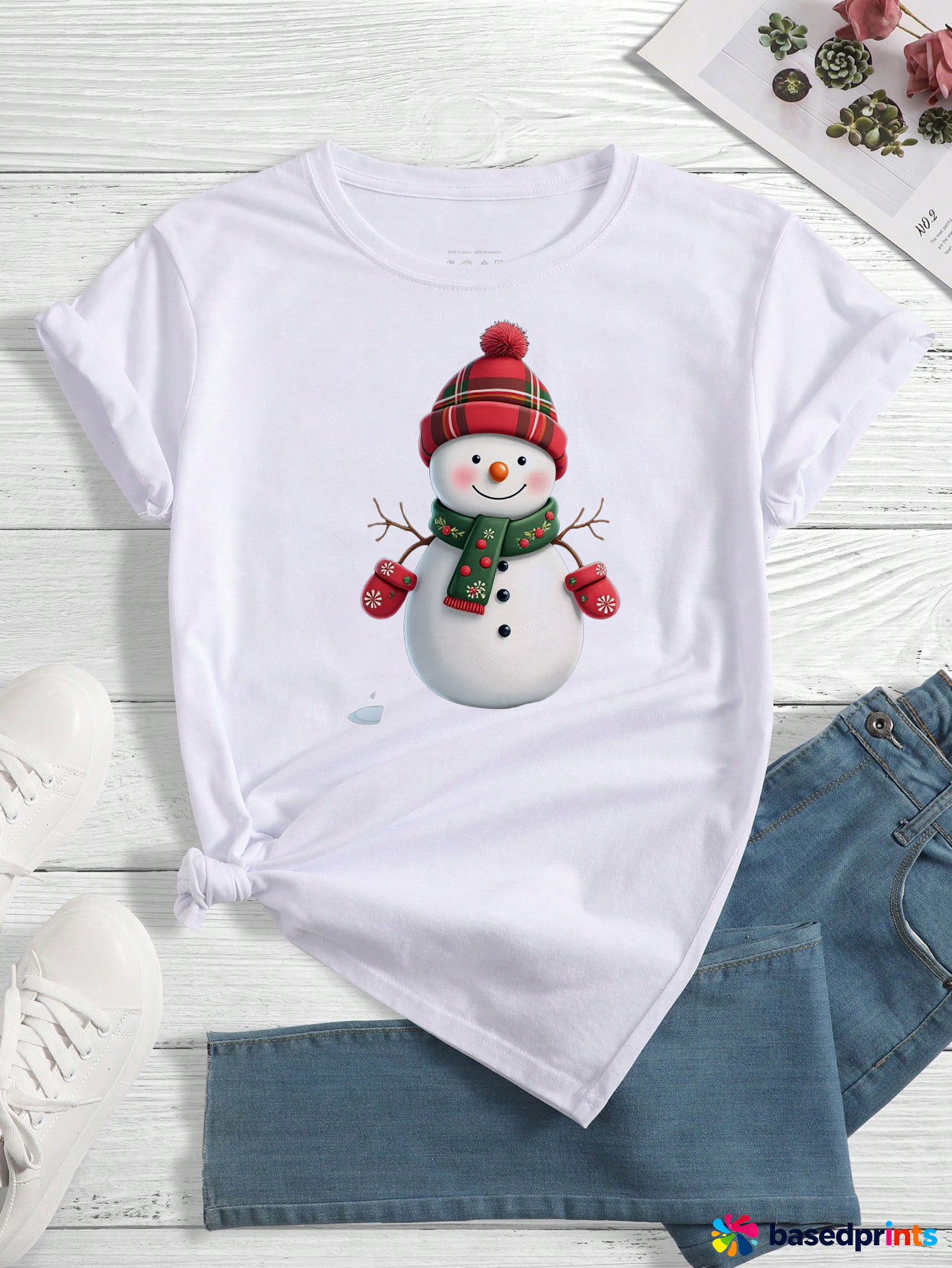Christmas Snowman T-Shirt Women Short Sleeve Cotton Casual Tee