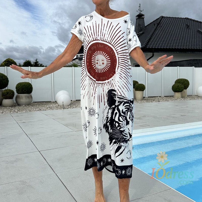 IO Dress Stylish Lady Short Sleeve Commute Dress Women Leisure Pattern Printed V-neck Vestidos Dress Summer Loose Pleated Maxi Dresses