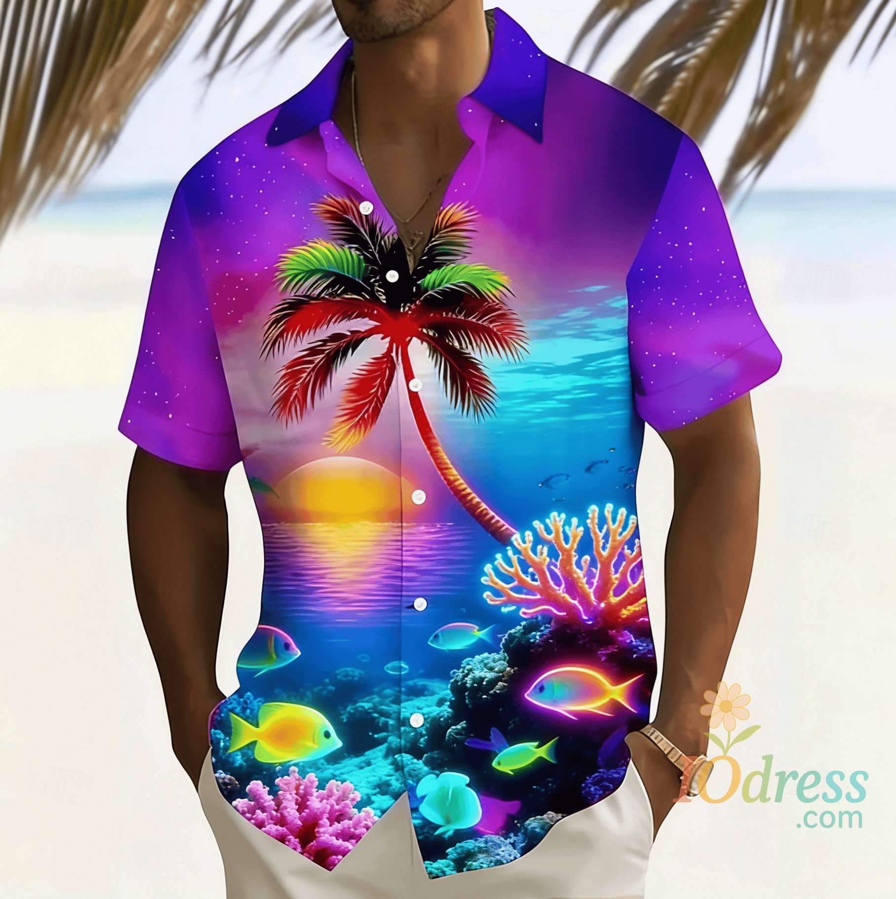 IO Menswear Men's Neon Print Short Sleeve Shirt, Spring Summer Glow Hawaiian Vacation Blouse, Loose Casual Top