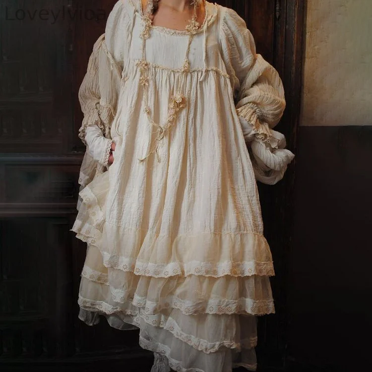 Vintage Lace Multilayer Cotton Linen Comfy Maxi Dress