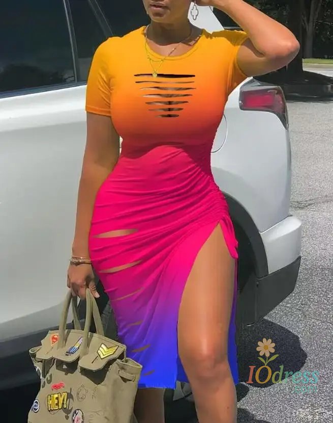 IO Dress Women's Dresses 2023 Summer Fashion Contrast Leopard Print Drawstring Ruched Casual O-Neck Short Sleeve High Slit Skinny Dress