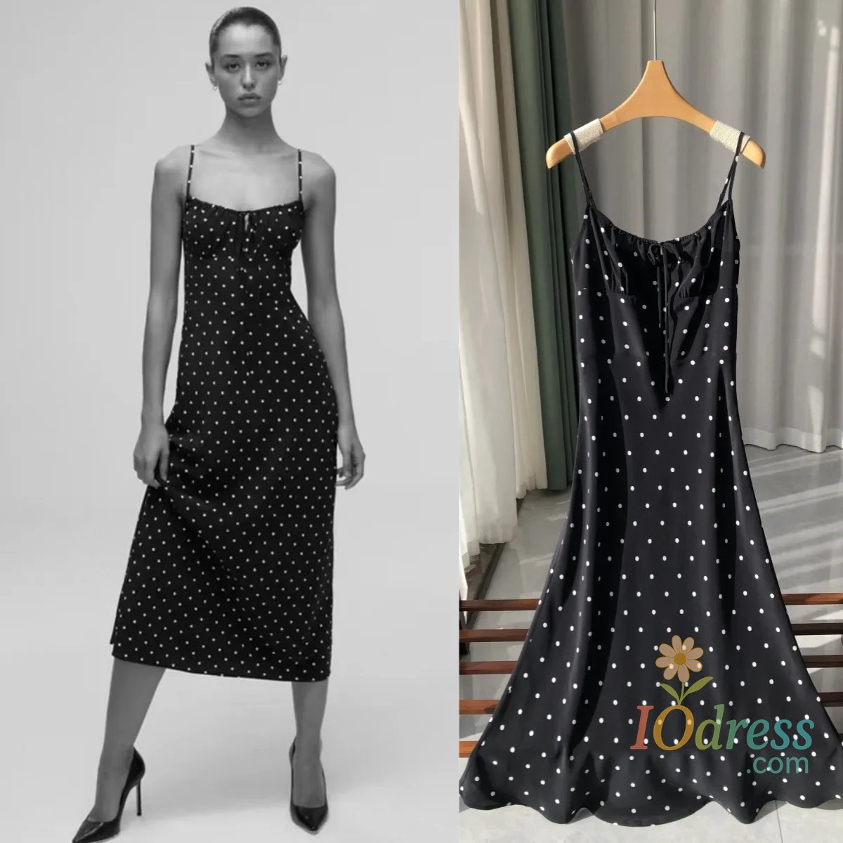 IO Dress Real Silk French Style Classic Polka Dot Sling Dress Drawstring Tie Sand Wash Silk Strap Dress Sexy Dress for Women 2025