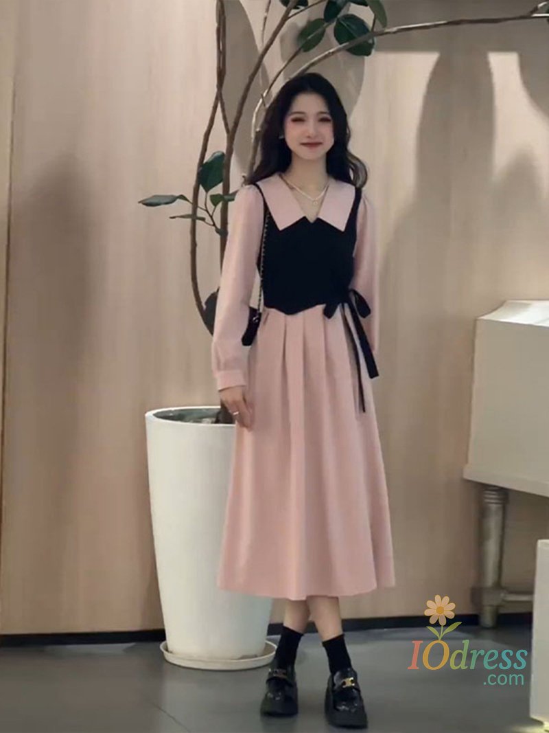 IO Dress French Gentle Wind Long Sleeved Dress For Women Early Spring Autumn New High End Splicing Color Waist Length Mid-Calf Dresses