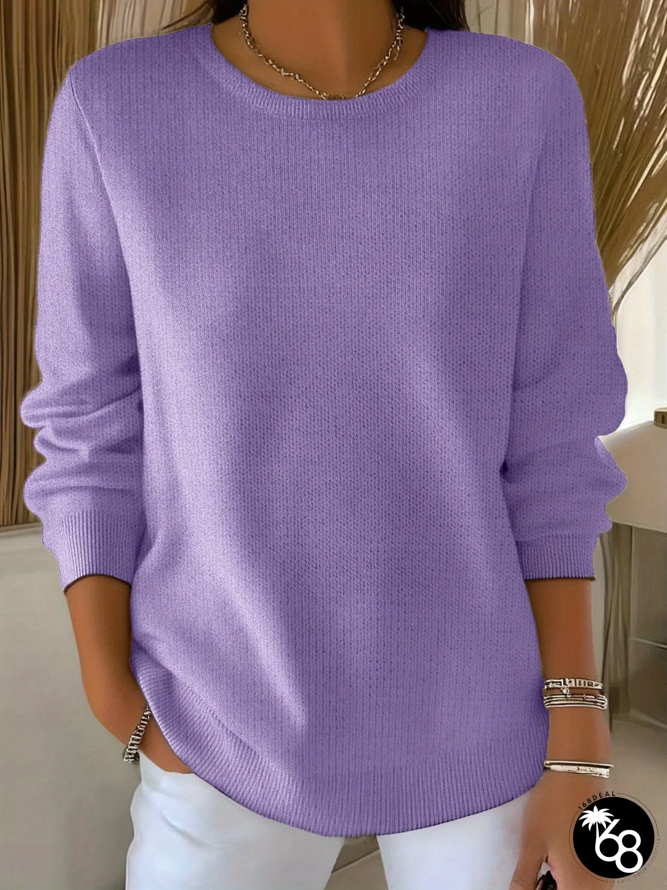 Womens Casual Sweater Long Sleeve Loose Fit Round-neck Pullover Slightly Stretchy | 168DEAL