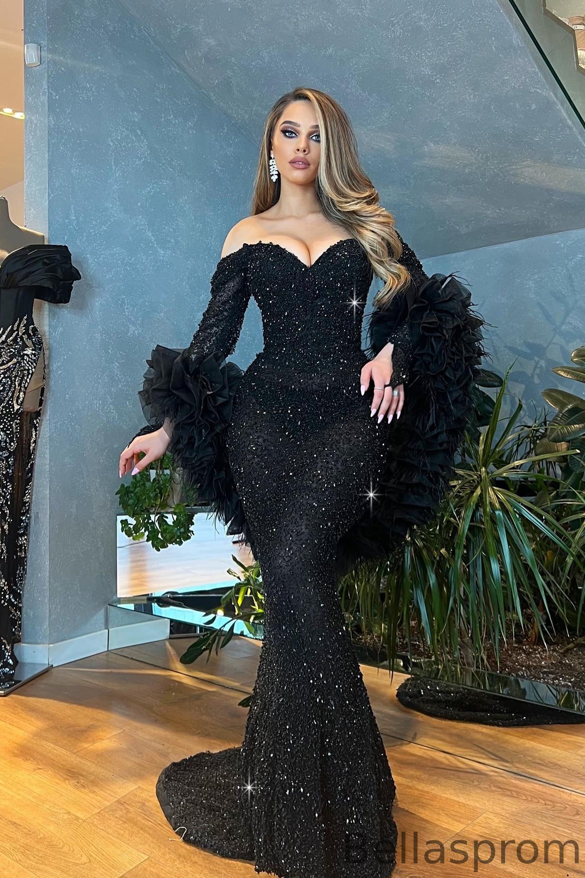 Bellasprom Black Sweetheart Long Sleeves Mermaid Prom Dress With Sequins Bellasprom Black Sweetheart Long Sleeves Mermaid Prom Dress With Sequins