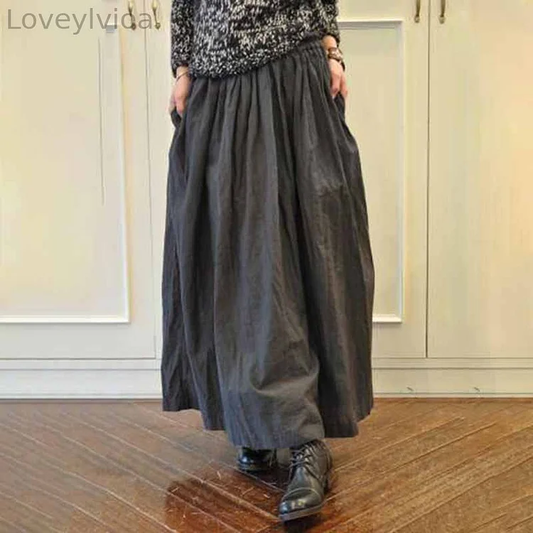 Vintage Solid Cotton And Linen Pocket Casual Skirt