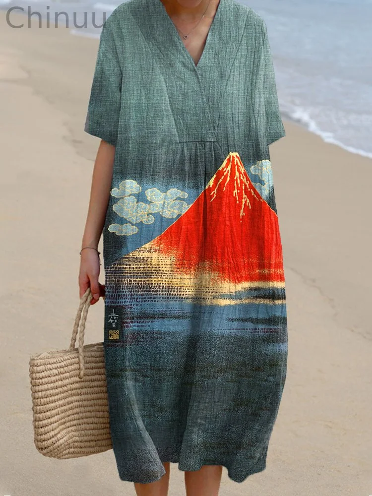 Women's Japanese Art Mount Fuji Print Linen Blend Dress