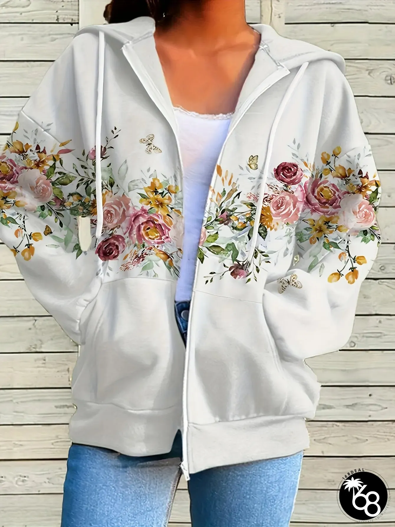 Womens Plus Size Hooded Zip-Up Sweatshirt Jacket Elegant Floral Print Drop Shoulder Design | 168DEAL