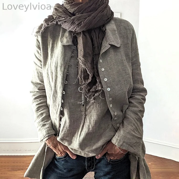 Vintage Lapel Solid Button Down Linen Cotton Comfy Jacket