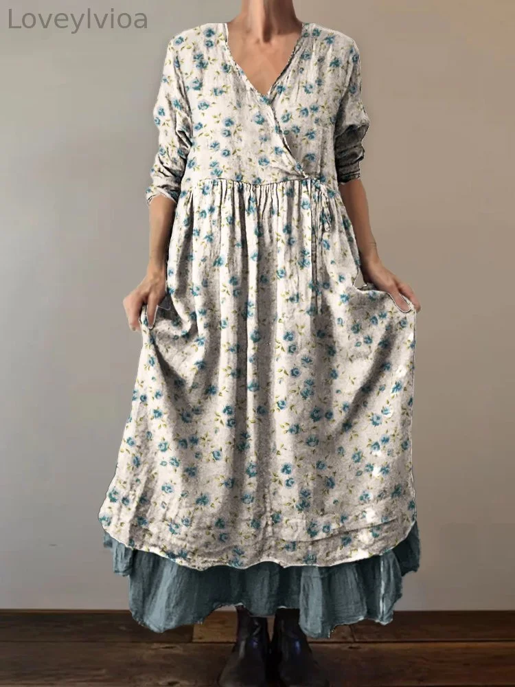 Cottage Roses Floral Pleated Wrap V Neck Maxi Dress
