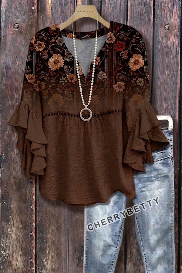 Retro Floral Print Hollow Out Ruffle Sleeve Top