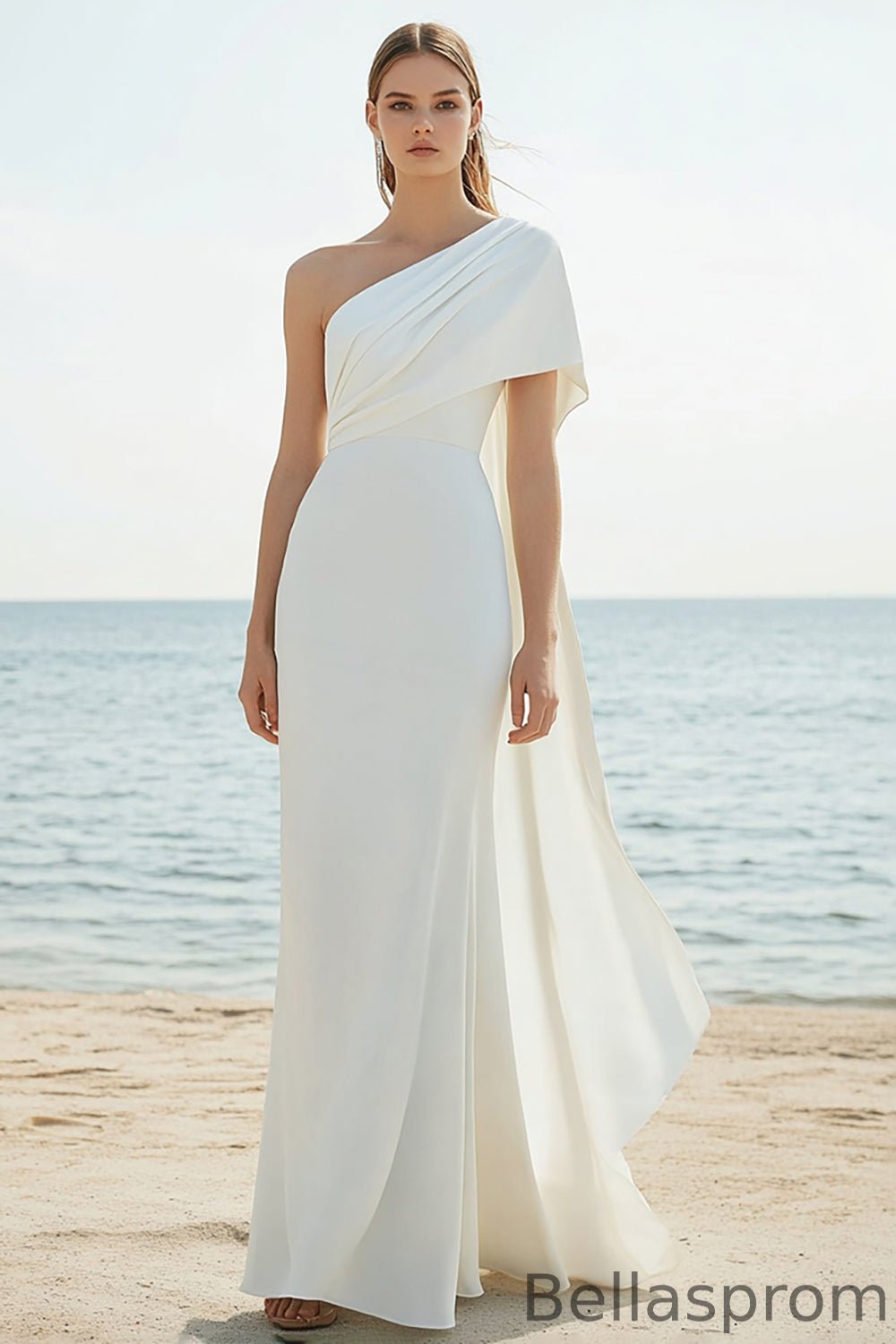 Bellasprom One Shoulder Sleeveless Sheath Satin Wedding Dress Long With Ruffles Same as Picture-US2