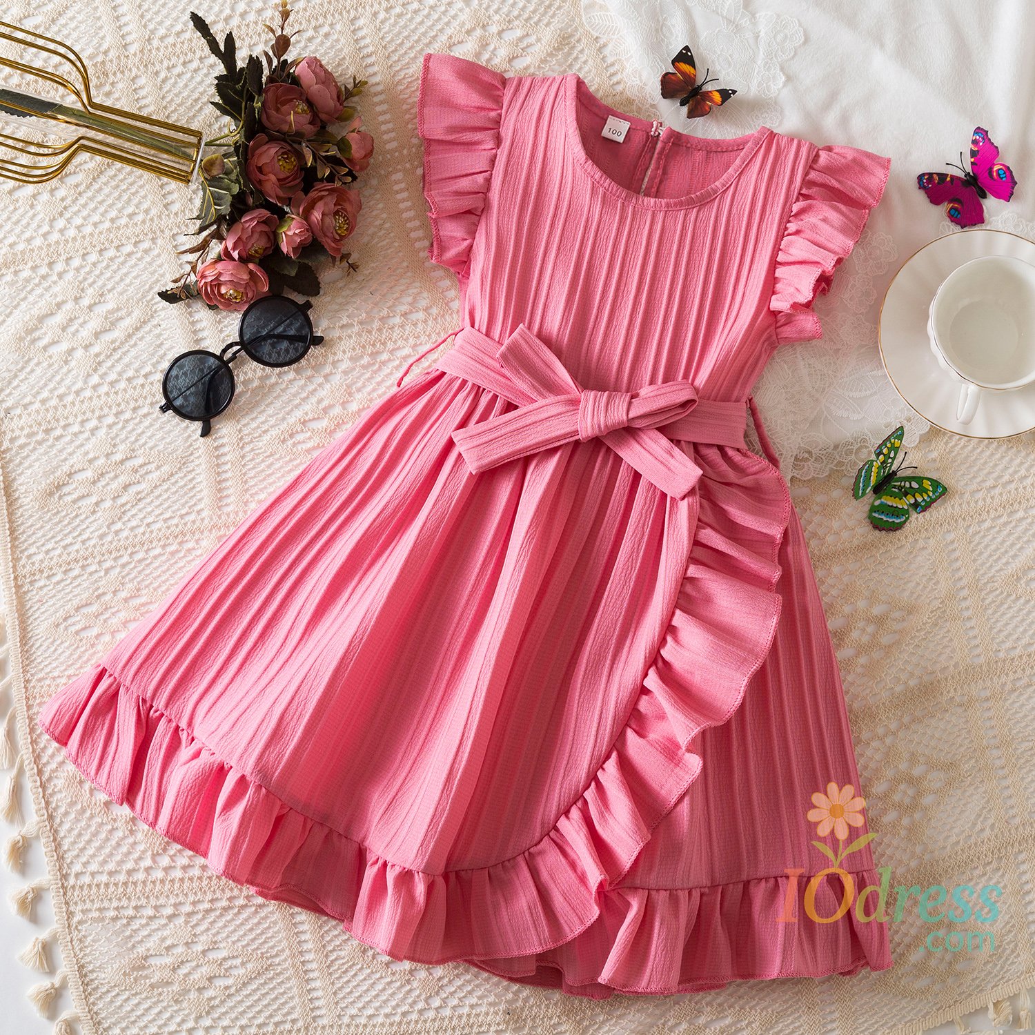 IO Dress Summer Kids Dresses for Girls Ruffle Sleeve Birthday Party Clothes Solid Color Sweet Princess Dress Children Holiday Wear 3-8Yrs
