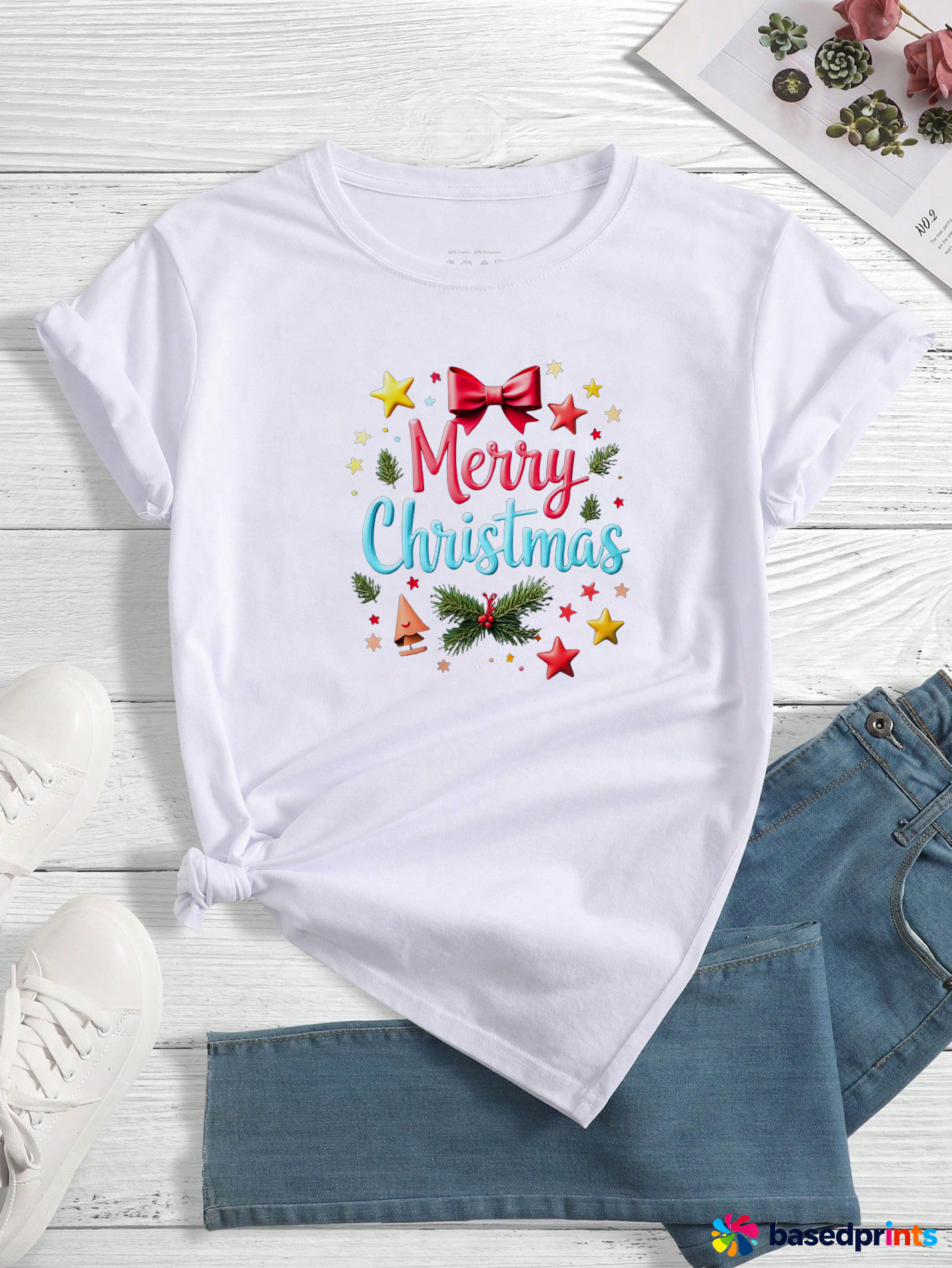 White Merry Christmas T-Shirt Cotton Casual