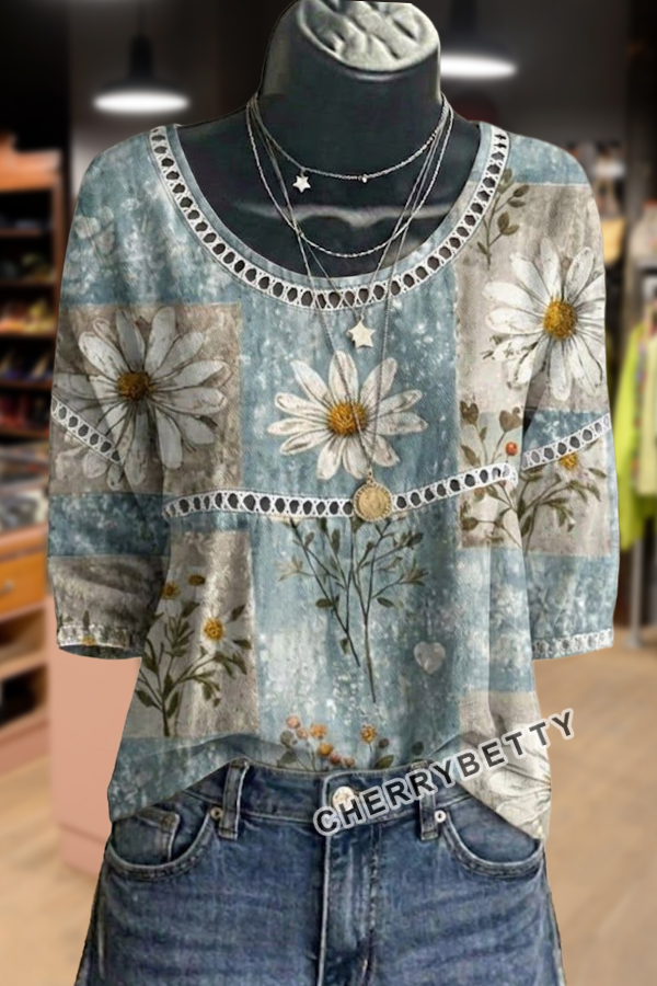 トップス PRINT OVER FOODIE BEEDEN Vintage Floral Print Hollow Out Top