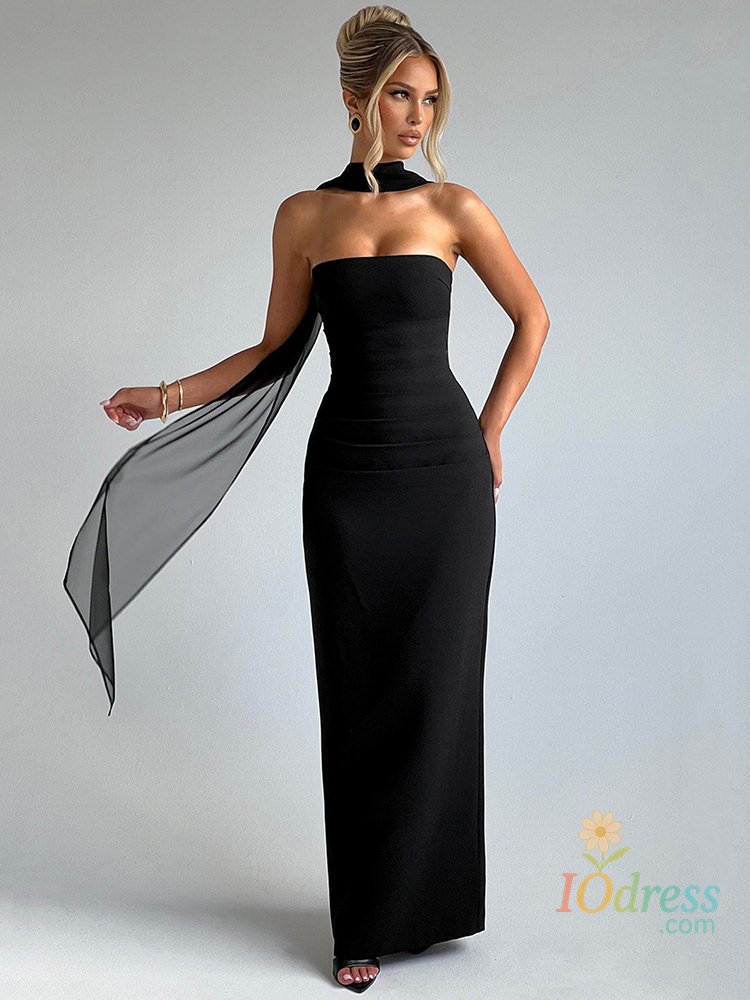 IO Dress Mozision Scarf Collar Strapless Sexy Maxi Dress For Women Fashion Off-shoulder Backless Bodycon Club Party Long Dress Elegant