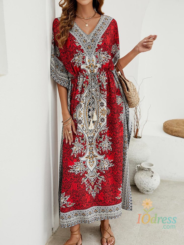 IO Dress Bohemian V-neck Short Sleeve Beach Smock Dress Women 2023 Summer Loose Casual Sunscreen Print Boho Long Dresses For Women