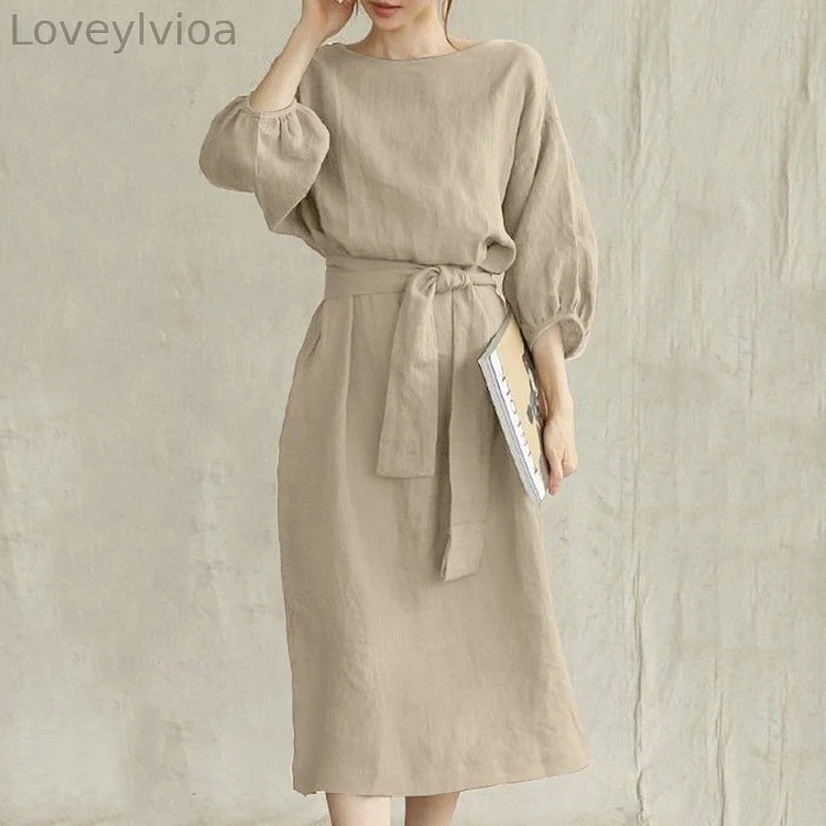 Vintage Round Neck Puff Sleeve Comfy Maxi Dress